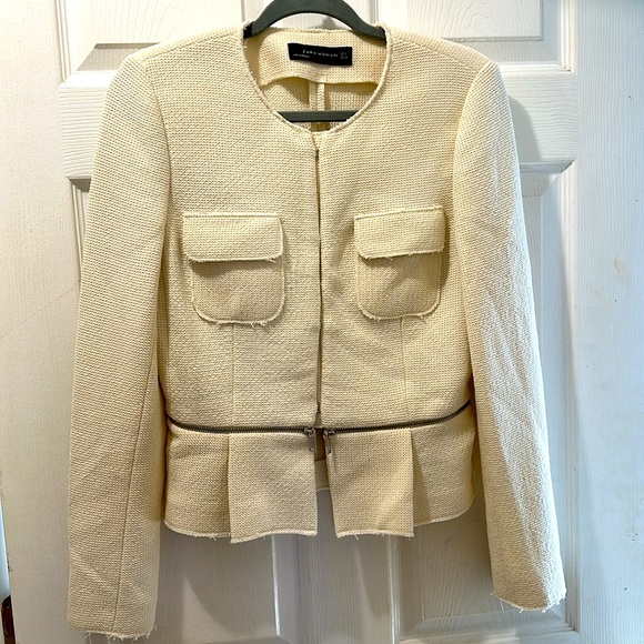Zara jacket removable Woven Knit Peplum hem cream tweed blazer size Medium - Picture 2 of 10